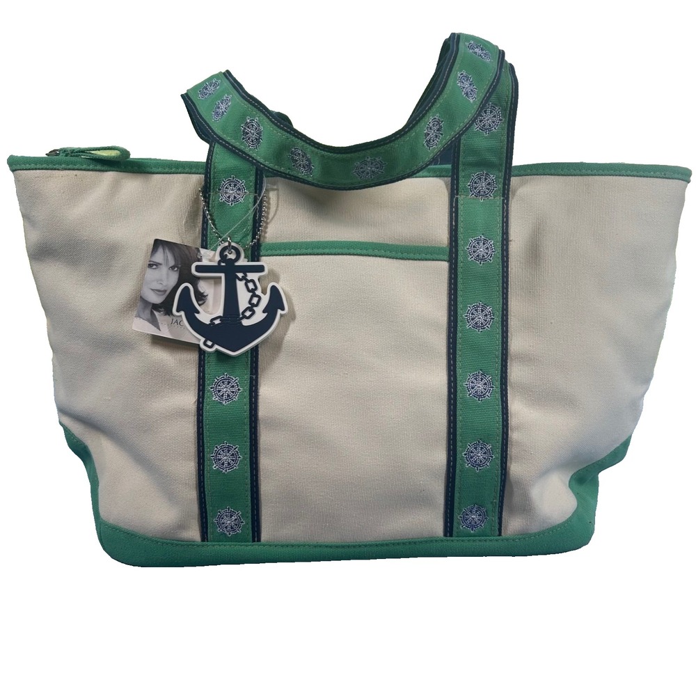 Jaclyn Smith Canvas Tote Bag Womens Large Green Nautical Anchor Coastal Preppy‎